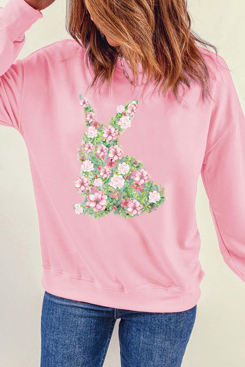 Floral Bunny Round Neck Long Sleeve Sweatshirt