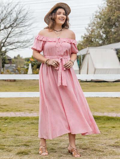 Plus Size Plaid Off-Shoulder Short Sleeve Midi Dress - Clothes For Her Online Store