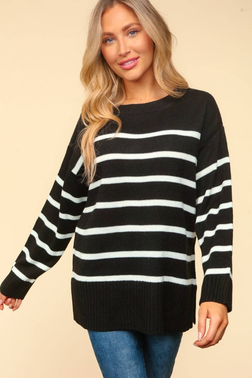 Haptics Full Size Striped Contrast Side Slit Sweater - Clothes For Her Online Store