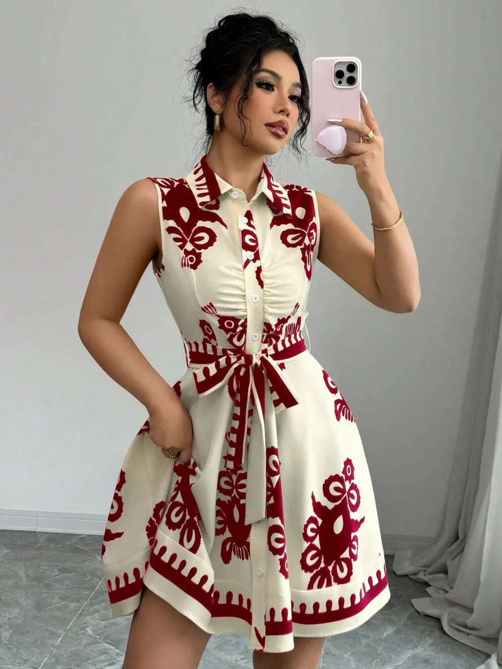 Printed Sleeveless Button Front Dress