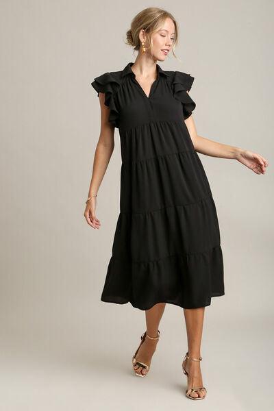 Umgee Full Size Johnny Collar Ruffle Cap Sleeve Tiered Dress Plus Size