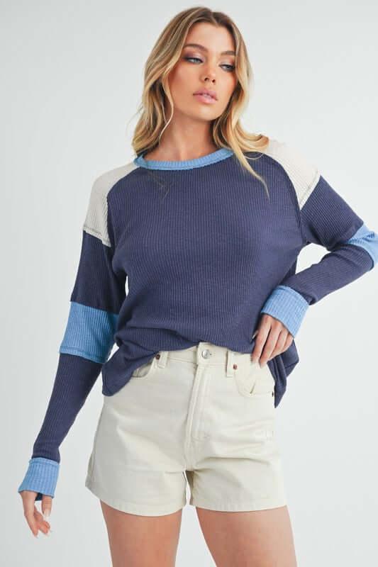 Aemi + Co Raw Seam Color Block Round Neck Knit Top