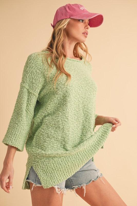 Aemi + Co Side Slit Ribbed Hem Round Neck Sweater - Clothes For Her Online Store