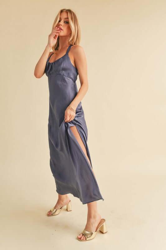 Aemi + Co Ruched Side Slit Cutout Back Maxi Cami Dress