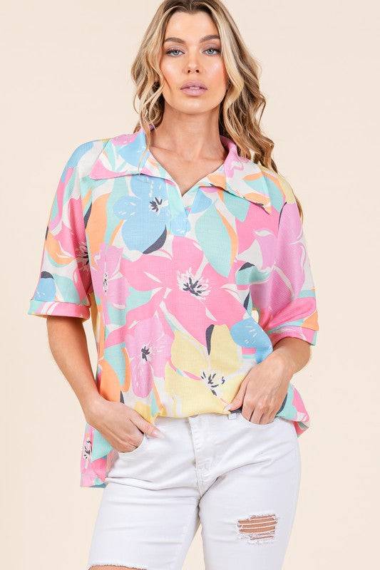 BOMBOM Floral Collared Neck Half Sleeve Top - Clothes For Her Online Store