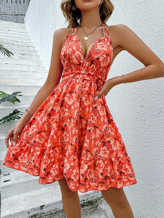 Honey Floral Halter Neck Backless Dress - Clothes For Her Online Store