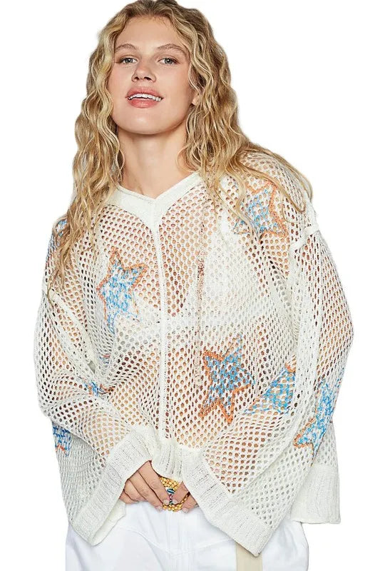 POL Star Openwork Long Sleeve Hooded Knit Cover Up