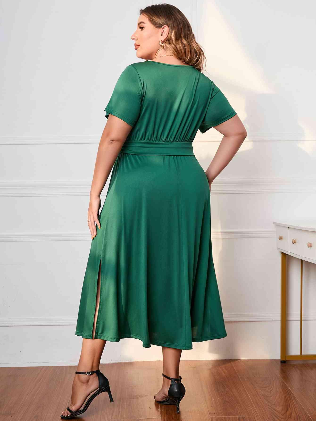 Honey Plus Size Short Sleeve Surplice Neck Midi Dress - Clothes For Her Online Store