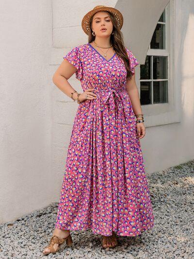 Plus Size Printed V-Neck Flutter Sleeve Tie Waist Maxi Dress