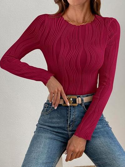 Textured Round Neck Long Sleeve Top