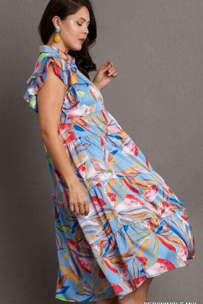 Umgee Full Size Leaf Print Double Layered Ruffle Sleeve Tiered Midi Dress Plus Size