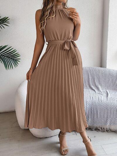 Grecian Neck Tie Waist Pleated Dress