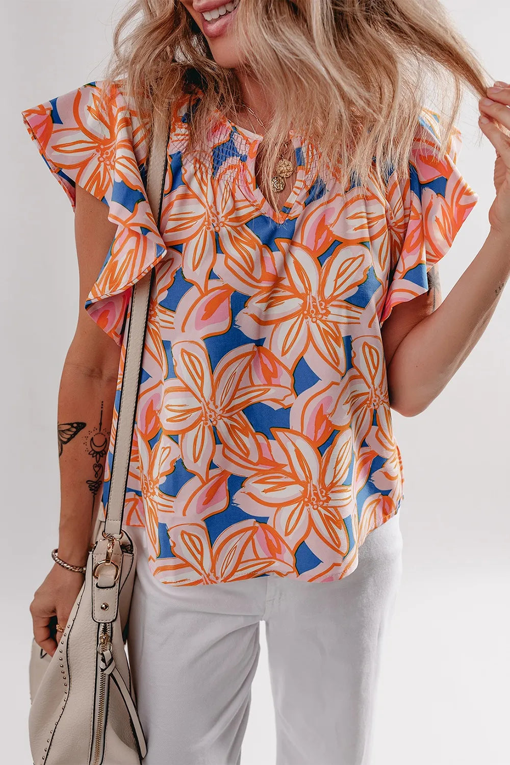 Flower Print Notched Neck Ruffle Sleeve Blouse