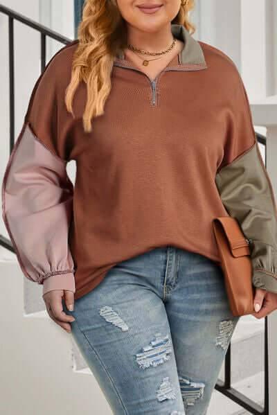 Plus Size Exposed Seam Color Block Quarter Zip Sweatshirt - Clothes For Her Online Store