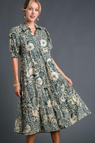 Umgee Full Size Printed Smocked Cuff Puff Sleeve Midi Dress Plus Size - Clothes For Her Online Store