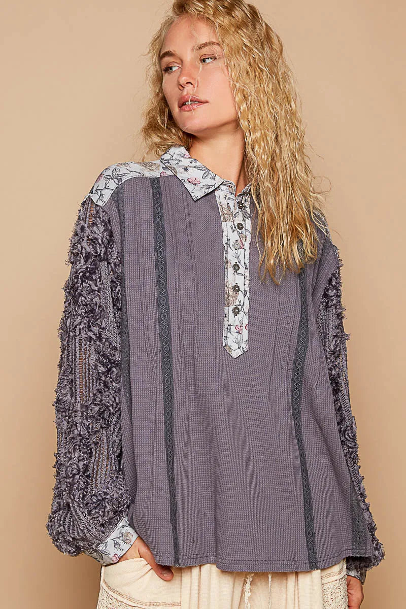 POL Floral Half Button Lace Detail Long Sleeve Top