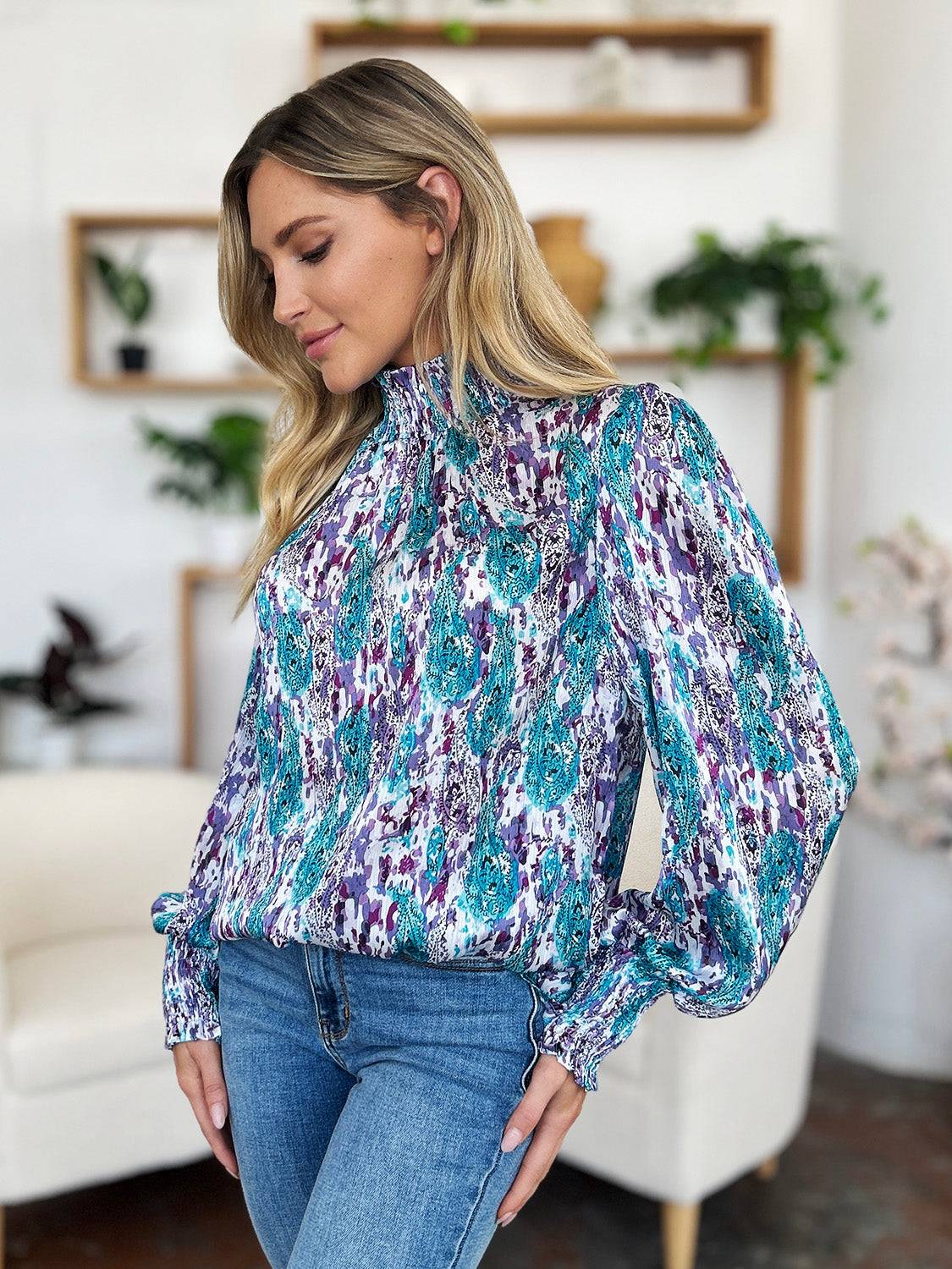 Double Take Full Size Printed Smocked Long Sleeve Blouse - Clothes For Her Online Store