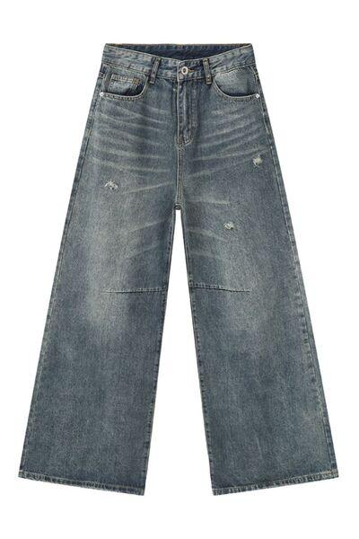 Distressed Wide Leg Men's Jeans with Pockets