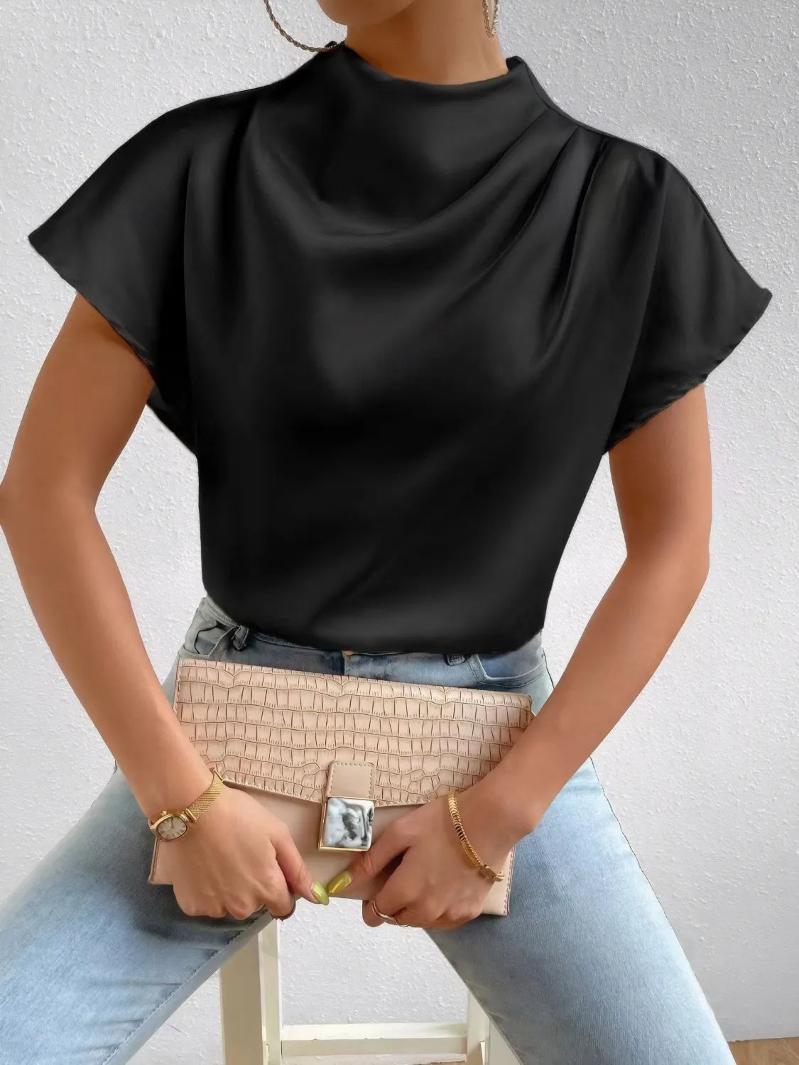 Mock Neck Short Sleeve Blouse