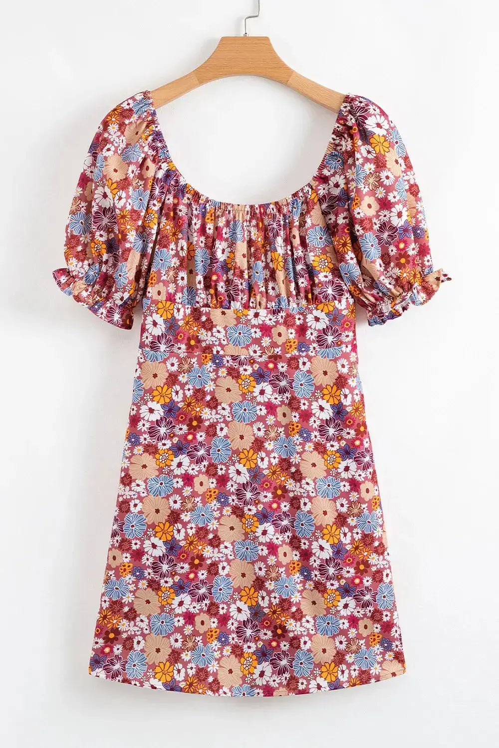 Floral Puff Sleeve Square Neck Knot Open Back Mini Dress