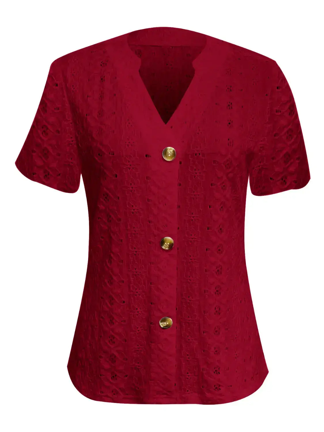 Openwork Notched Short Sleeve Top - Clothes For Her Online Store