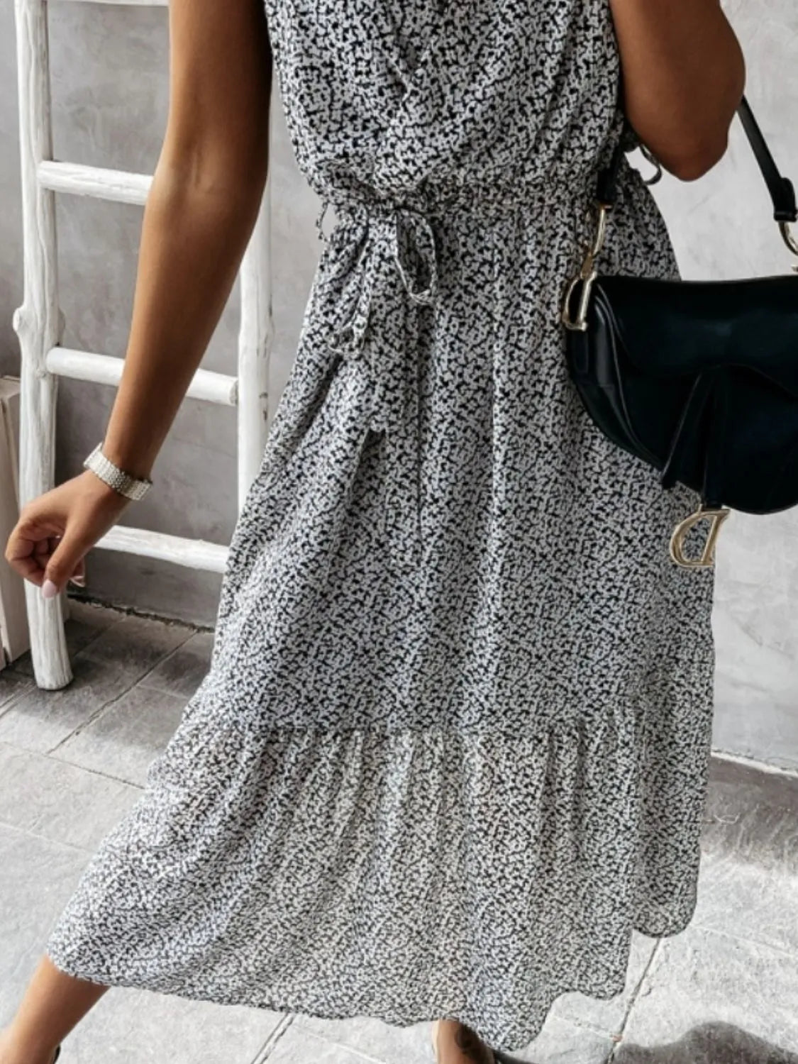 Ruffled Surplice Printed Cap Sleeve Dress