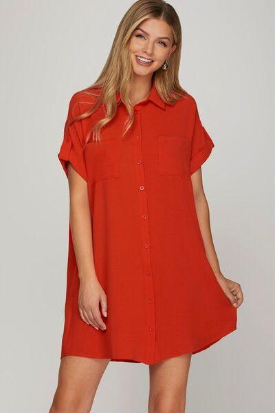 She + Sky Full Size Button Down Short Sleeve Woven Shirt Dress Plus Size - Clothes For Her Online Store