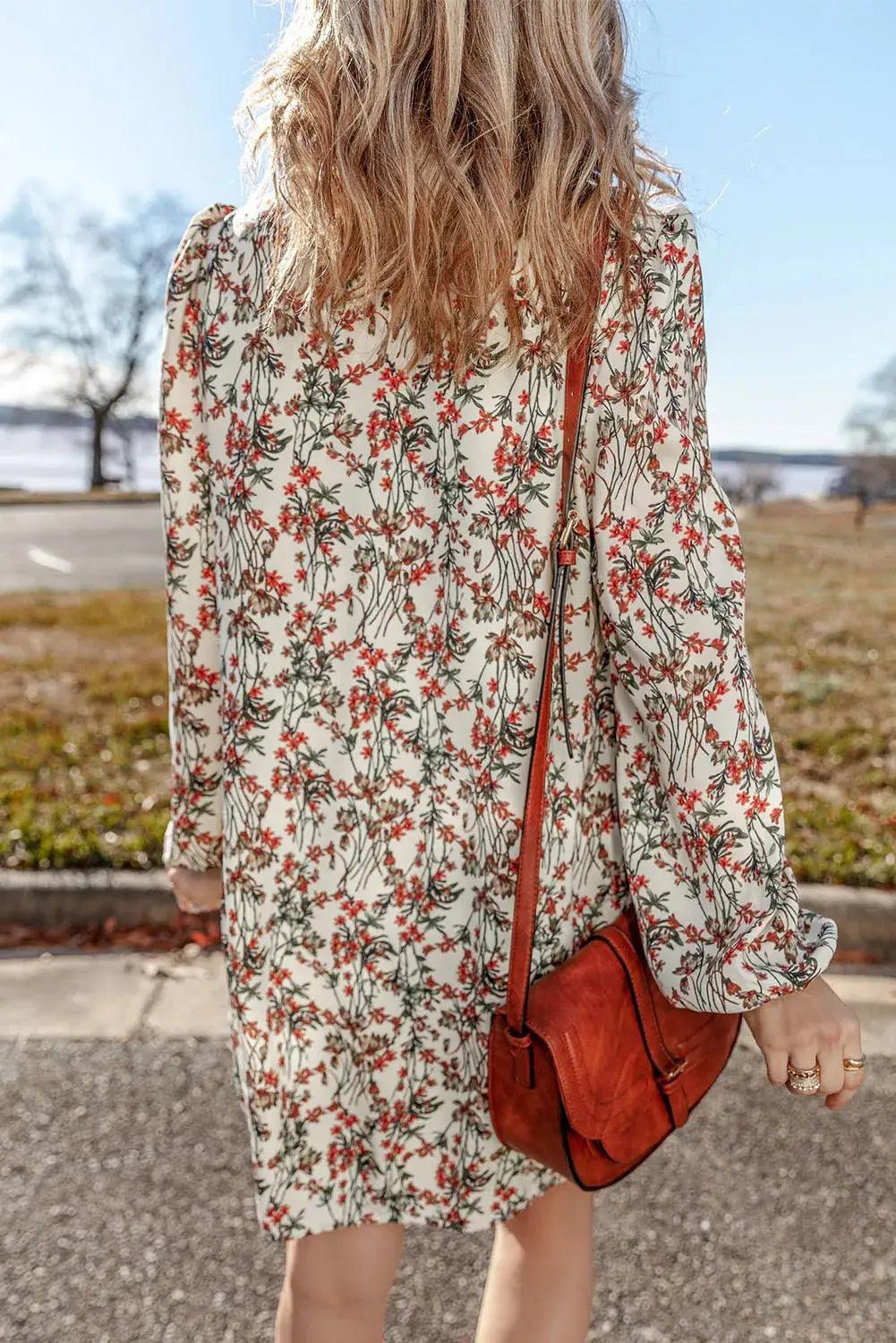 Floral Round Neck Long Sleeve Mini Dress