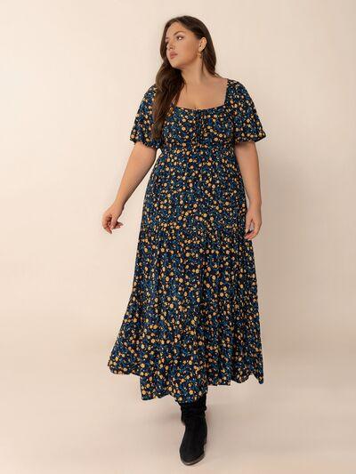 Plus Size Printed Short Sleeve Slit Tiered Maxi Dress