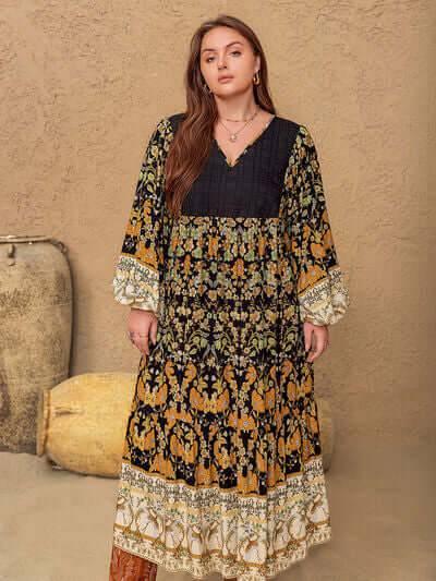 Plus Size Floral V-Neck Balloon Sleeve Midi Dress - Clothes For Her Online Store