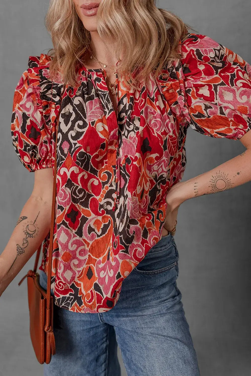 Ethnic Print Split Neck Short Puff Sleeve Blouse