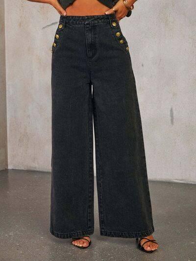 Button Decor High Rise Wide Leg Jeans