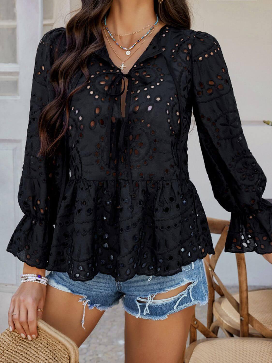 Devine Tie Front Flounce Sleeve Peplum Blouse