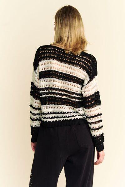 Davi & Dani Contrast Striped Crochet Drop Shoulder Knit Cover Up - Clothes For Her Online Store