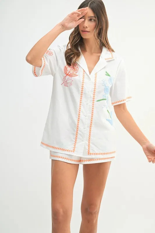 MABLE Embroidered Button Down Shirt and Shorts Set - Clothes For Her Online Store
