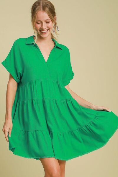 Umgee Full Size Raw Hem Folded Sleeve Tiered Dress Plus Size