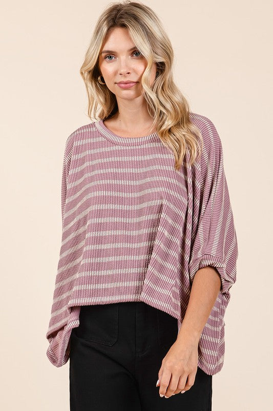 Mittoshop Texture Striped Print Round Neck Dolman Sleeve Top - Clothes For Her Online Store