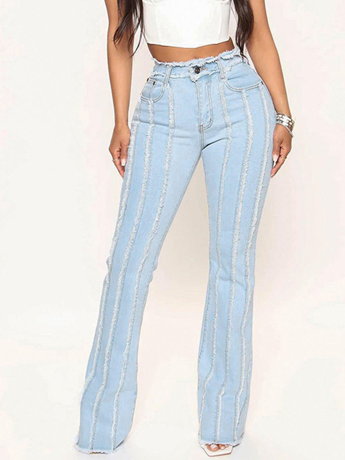 Striped Raw Hem Jeans - Clothes For Her Online Store
