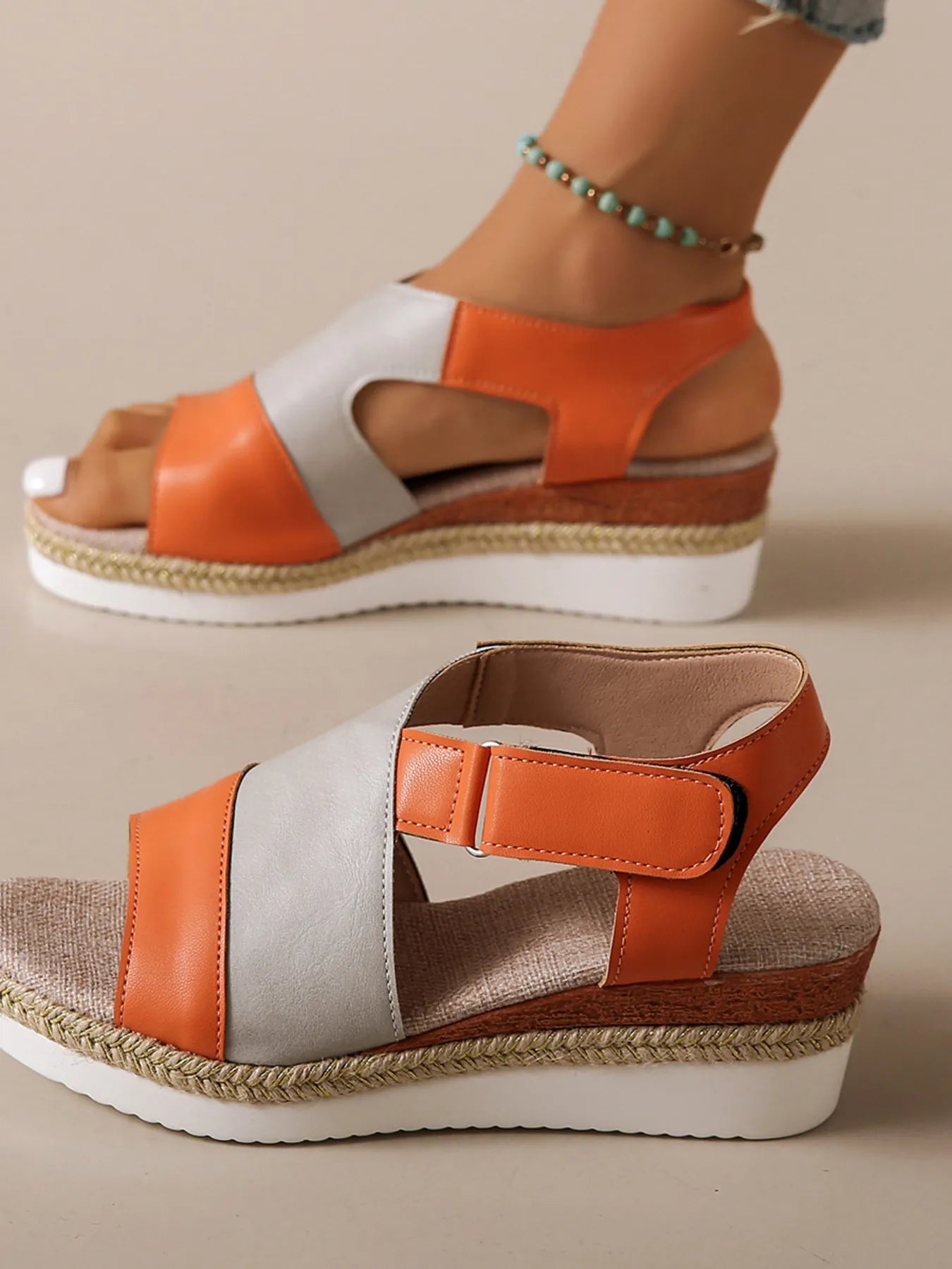 Color Block Platform Wedge Sandals with Ankle Strap
