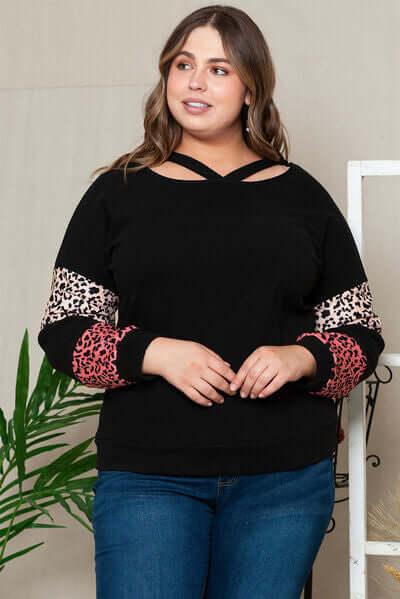 Plus Size Leopard Dropped Shoulder Long Sleeve T-Shirt - Clothes For Her Online Store