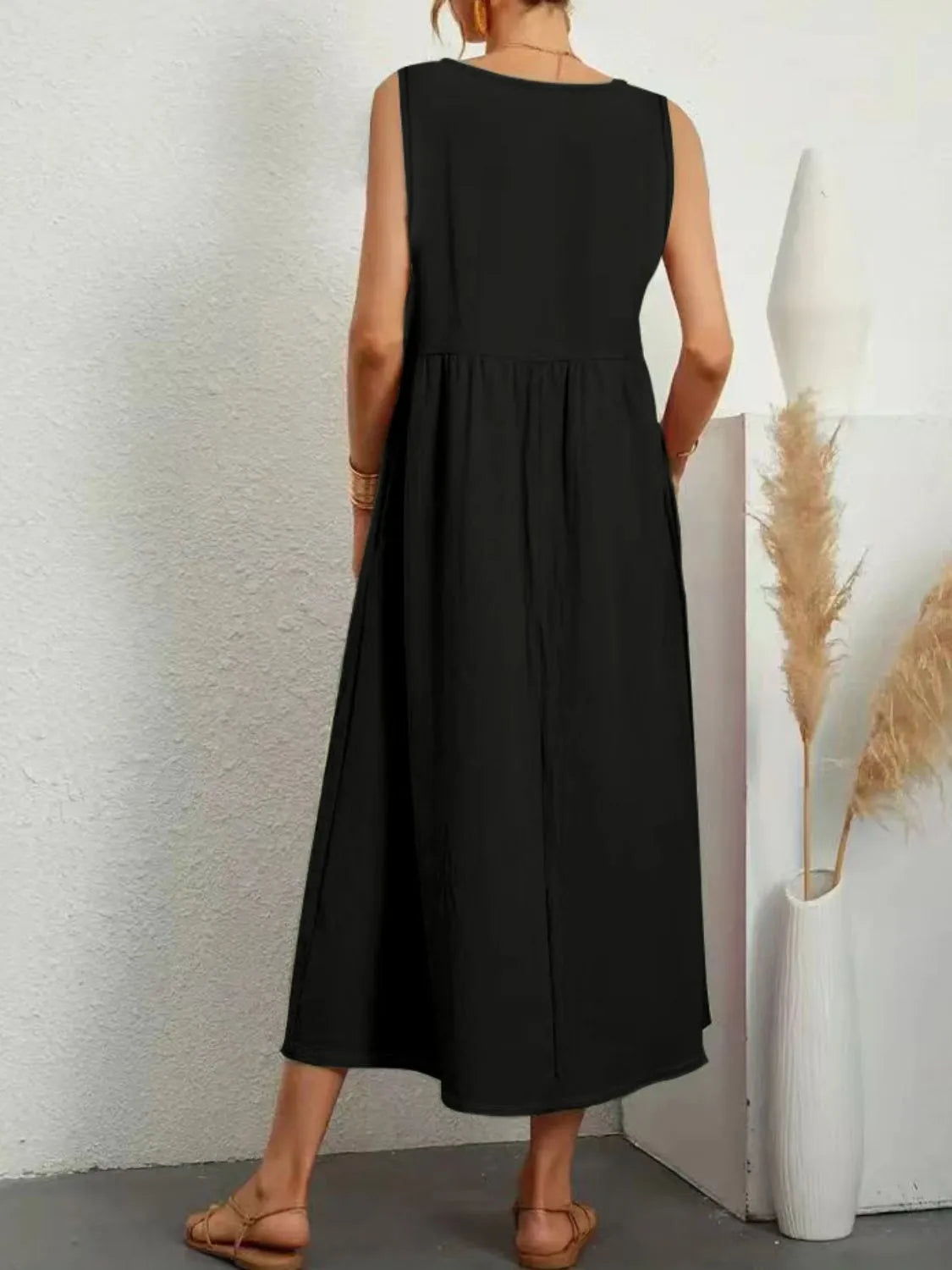 Full Size Pocketed V-Neck Sleeveless Midi Dress Plus Size