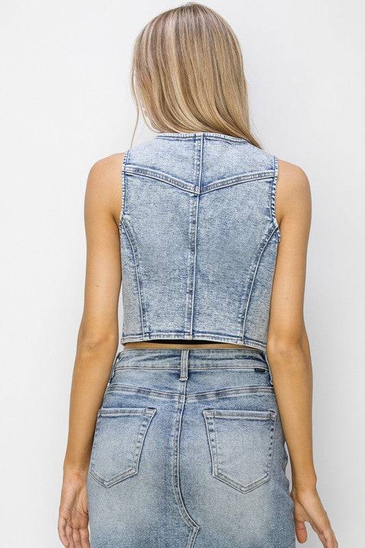 RISEN Button Down Crop Denim Vest - Clothes For Her Online Store