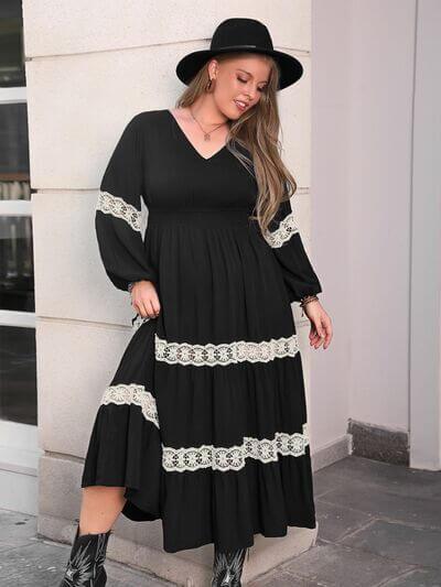 Plus Size Lace Detail V-Neck Long Sleeve Midi Dress - Clothes For Her Online Store