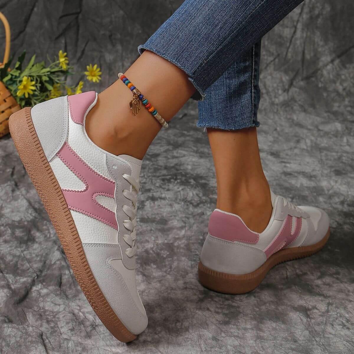 Contrast Lace Up Round Toe Flats Sneakers - Clothes For Her Online Store