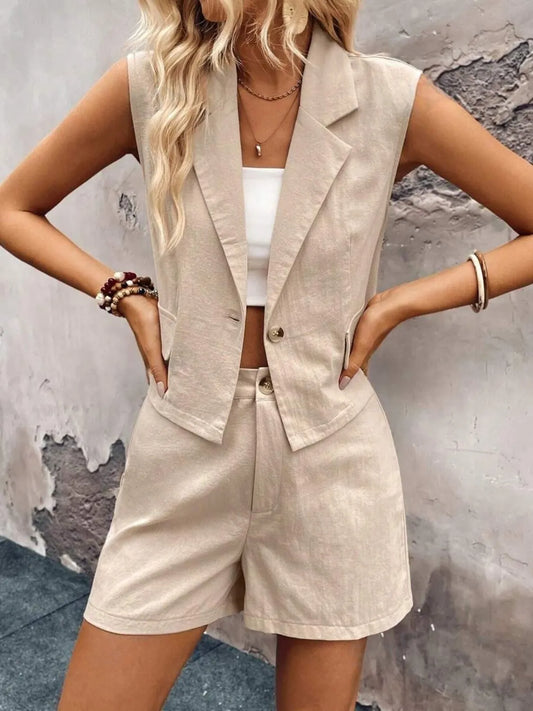 One Button Sleeveless Top and Shorts Set - Clothes For Her Online Store