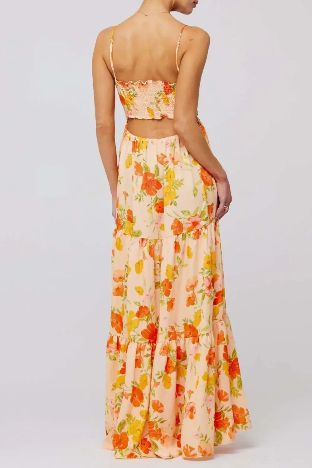Floral Print Tie Front Tiered Maxi Dress