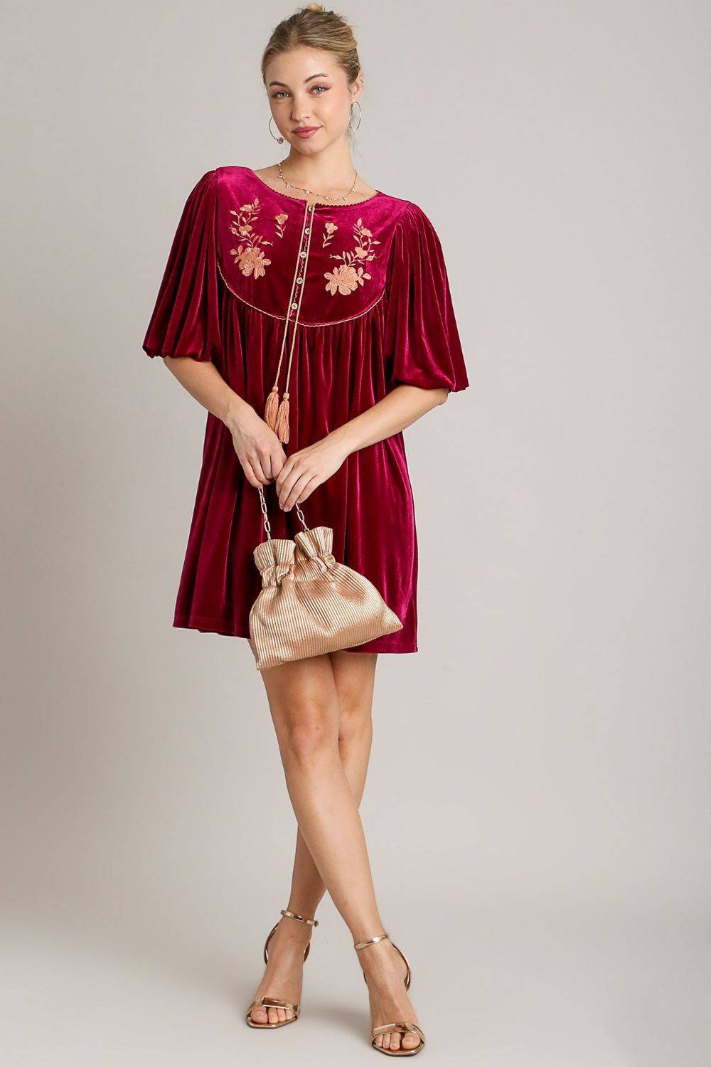 Umgee Embroidered Half Sleeve Velvet Mini Dress with Tassel - Clothes For Her Online Store