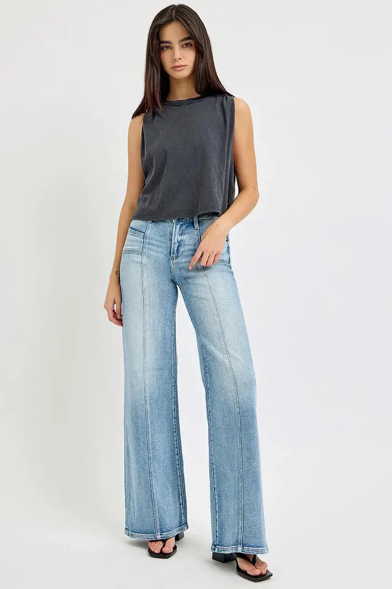 RISEN Full Size Mid Rise Wide Jeans with Front Patch Pocket Plus Size