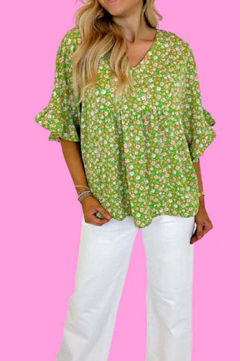 Ruffled Floral V-Neck Half Sleeve Blouse