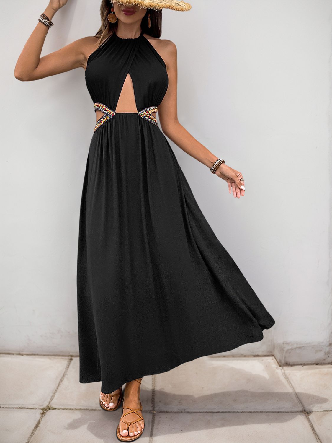 Perfee Cutout Grecian Neck Tied Back Dress